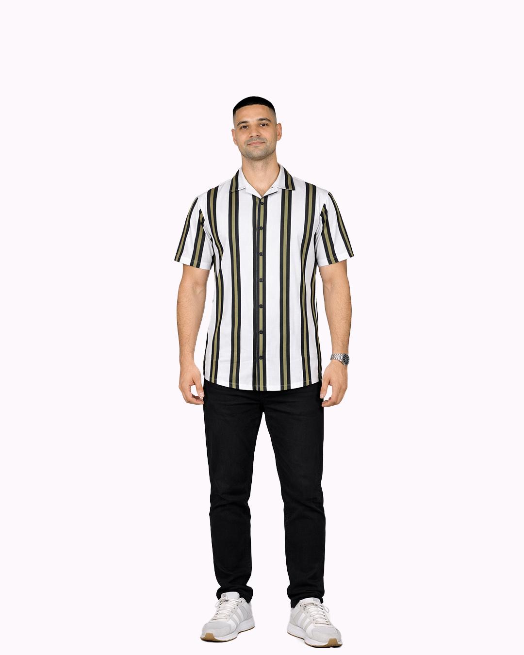 Textured Resort Collar Shirt – Off-White/Olive/Black Vertical Stripe