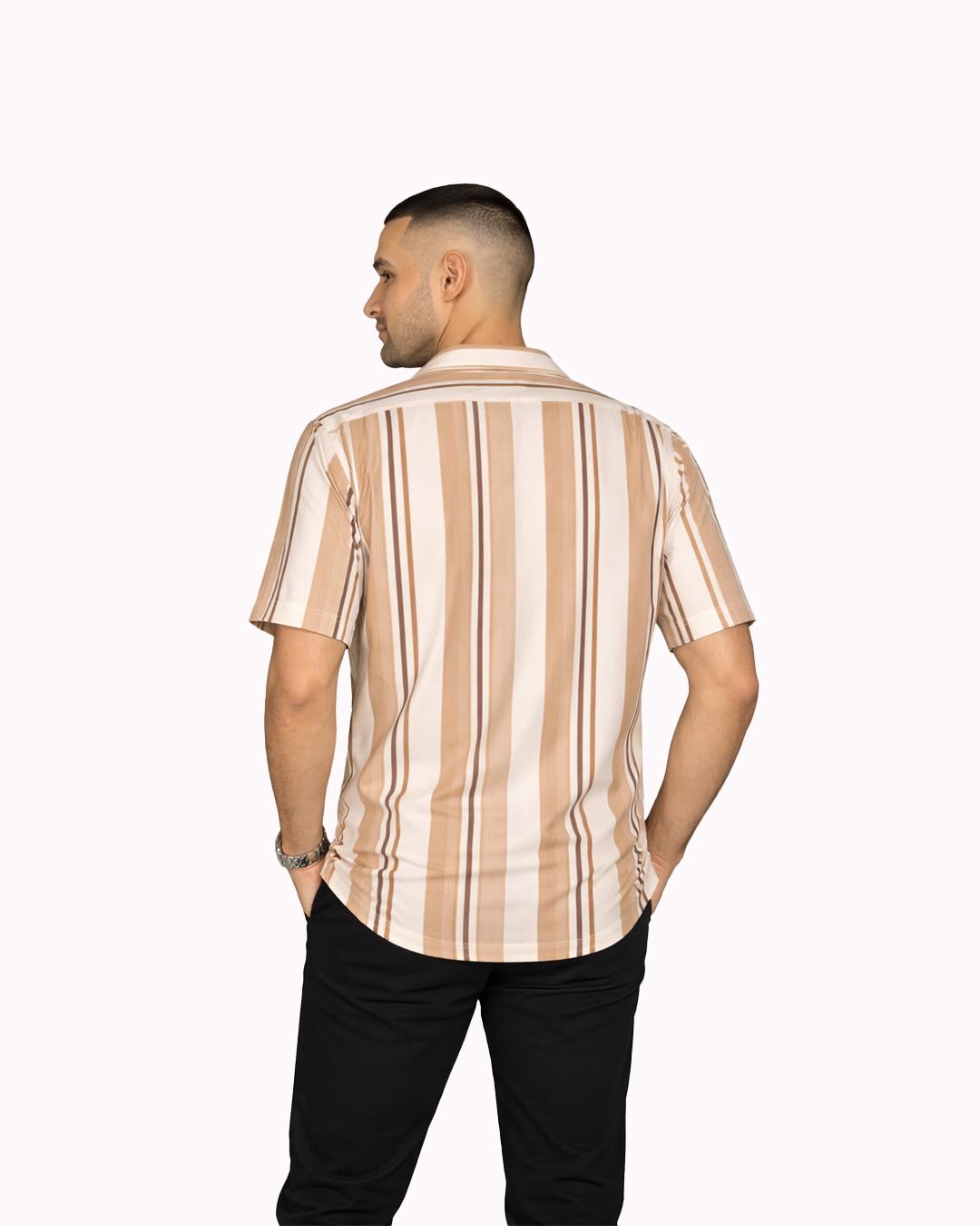 Men’s White/Tan/Brown Vertical Striped Resort Collar Shirt - image 1